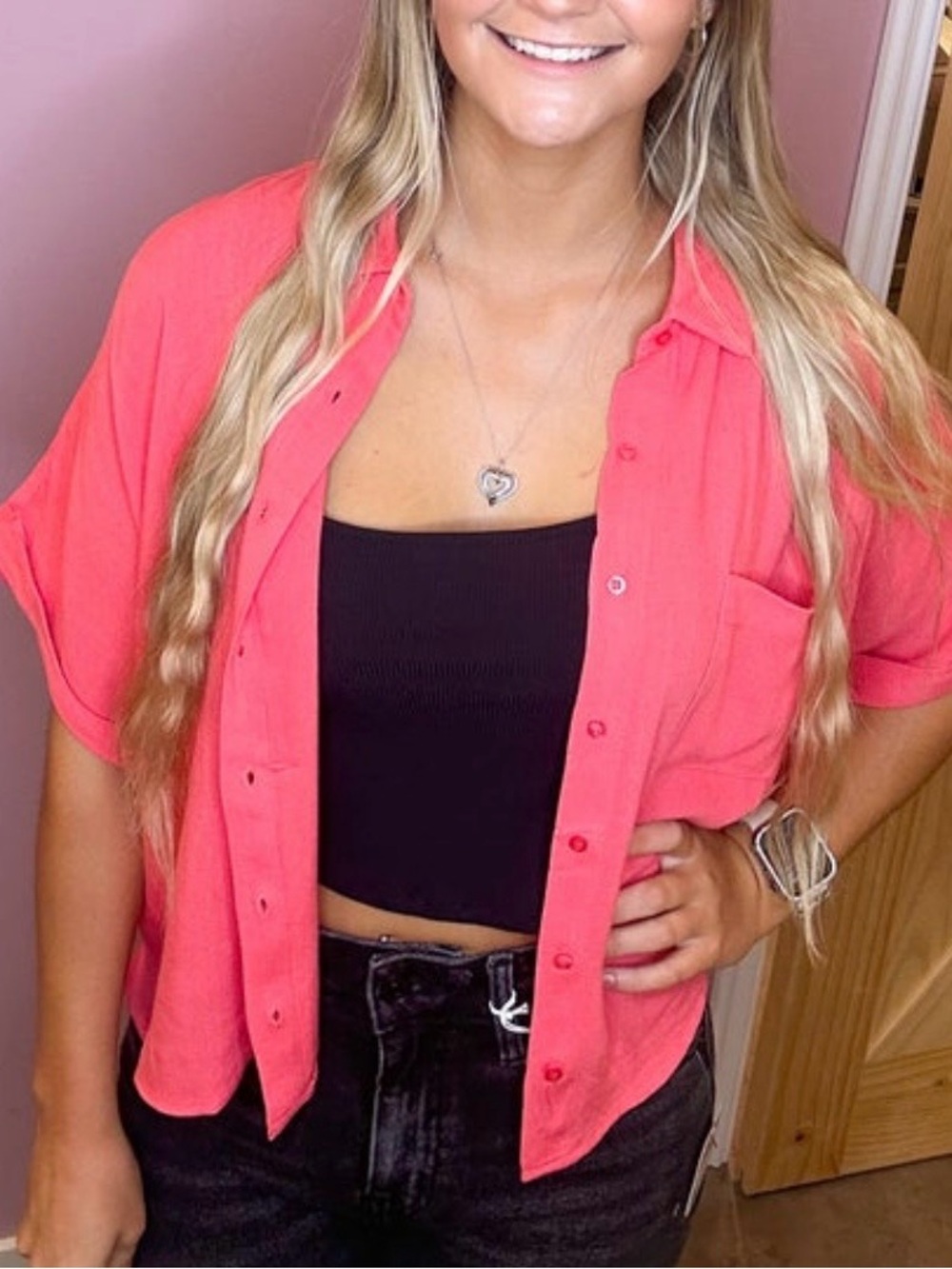 Women's Coral Button-Down Short Sleeve Shirt